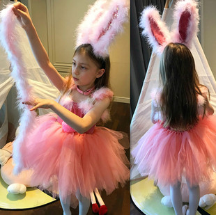 儿童兔子演出服万圣节服装，女童可爱粉红色蓬蓬裙，高端芭蕾公主宝宝