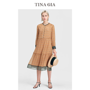 TINA GIA天纳吉儿时尚法式度假复古印花长袖连衣裙女装裙子