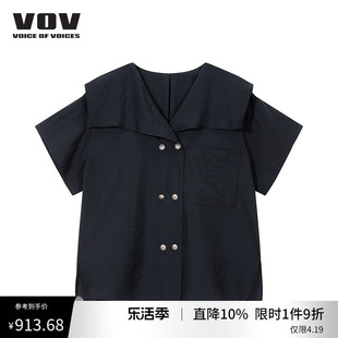vov衬衫夏季女士，休闲复古短袖，海军领衬衫61122606026