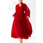 美妃红色洋气减龄长袖法式气质长款连衣裙女夏2023长裙红裙