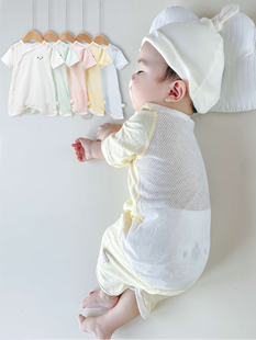 儿童夏季睡衣婴儿护肚开衫，连体衣男女宝宝，后背透气网睡袋薄棉短袖