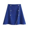 日韩外贸女士蓝色珍珠扣a字半身裙高腰不规则显瘦加厚短裙伞裙