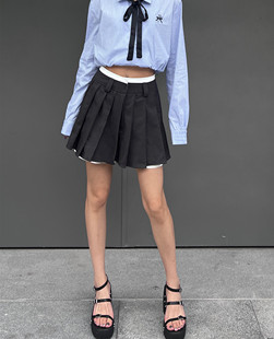 ko学院少女mini假两件裙裤，杂灰西装压褶双层半身裙短款kia