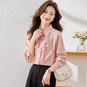 长袖衬衫女秋季2023韩版粉色雪纺上衣洋派时髦显瘦小个子衬衫