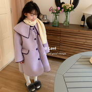 品牌童装韩版儿童外套22秋冬女童洋气香芋紫双排扣中长款大衣