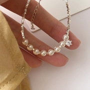 S925纯银设计感锆石镶嵌简约手链水晶珍珠碎银子手串不对称手镯女