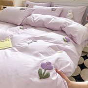 ins紫色郁金香水洗棉，床上四件套非全棉纯棉学生，宿舍单人被套床单