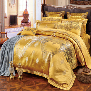 高档欧式贡缎提花四件套奢华刺绣金色多件套床上用品宫廷风被套