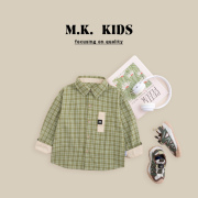 MK品牌儿童春款纯棉衬衫外套经典格子衬衫清新绿男童外套CG80112