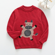 红色儿童羊绒衫套头小童羊毛衫冬季男童女童打底宝宝毛衣卡通牛牛