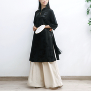 高端复古民族风黑色，缎面立领上衣女中式国风，旗袍裙禅意茶服中长款