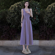设计感韩版紫色吊带连衣裙女夏季小个子温柔收腰显瘦气质a字长裙
