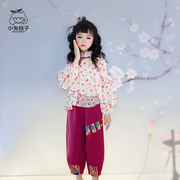 女童复古中国风雪纺碎花上衣，民族风裤子套装两件套公主童装新