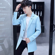 中长款长袖西服男装韩版修身西装青年显瘦天蓝色外套纯色休闲上衣