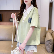 设计感小众短袖t恤女夏季韩版宽松大码女装撞色polo领假两件上衣