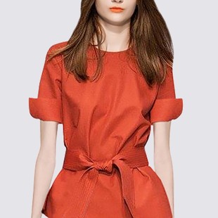 名媛欧美范气质(范气质，)橘红色短袖衬衫2021年夏季时髦百搭女士上衣潮