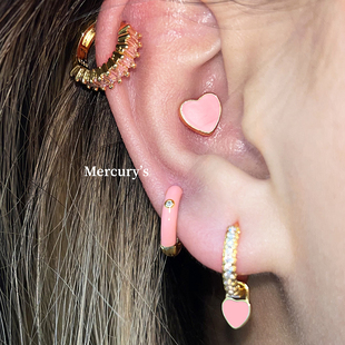Mercurys超嗲超嫩金粉世佳系列耳环粉色爱心耳蜗钉纯银耳骨环耳圈