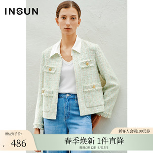 insun恩裳线上专选春季法式淡绿色粗花呢，短款外套