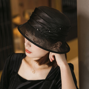 法式小礼帽女士夏季草帽，女复古英伦时尚麻纱，卷边防晒遮阳帽子
