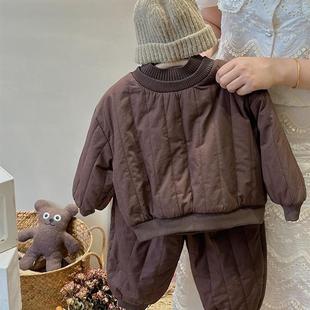 森系套装男童女童绗棉双层领加绒两件套冬韩版儿童棉衣棉裤宝宝装
