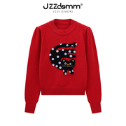 九州诚品jzzdemm黑猫刺绣红色，毛衣女(毛衣女，)泡泡肩显瘦气质针织套头上衣
