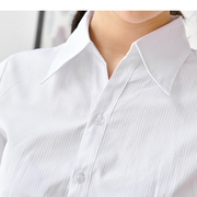 夏季白衬衫条纹女士短袖竖纹v领韩版棉职业装，正装商务ol衬衣浅蓝