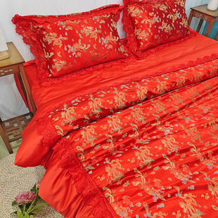 婚庆四件套红色龙凤喜丝绸缎，被套四件套结婚复古中式结婚床上用品