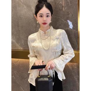 新中式女装2024春装上衣，高级感国风，复古盘扣小衫白色提花衬衫