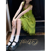 波西米亚风牛油果绿色，流苏无袖吊带连衣裙，女夏娃娃裙子短裙