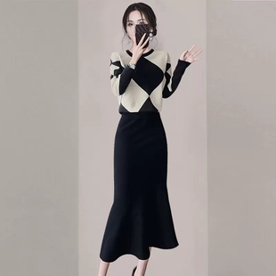 小香风高级感黑白菱格套装裙2023秋季女装毛衣裙子针织两件套
