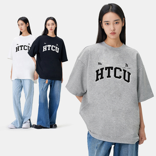 夏之光同款htcu美式学院风叠影，logo短袖国潮牌女夏季情侣t恤