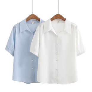 大码女装短袖衬衫2023夏季韩版小众雪纺白色衬衣高级感女上衣