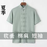 夏季唐装男短袖中老年棉麻半袖中式汉服复古风盘扣衬衫中国风男装