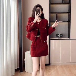 2023春秋女装套装红色小香风套装时尚短款外套半身裙两件套女