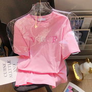 粉色彩色刺绣字母短袖t恤2023年春夏，宽松小个子情侣装上衣ins