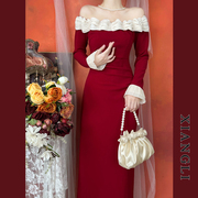 巷里法式复古红色连衣裙，秋季一字肩赫本拼接显瘦气质小礼服中长裙