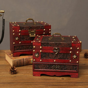 中式首饰盒古典做旧梳妆盒木质带锁盒子简约带镜子首饰收纳价格低