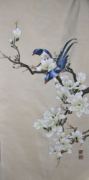 红嘴蓝鹊玉兰图缂丝画41.5乘92厘米，可做画框或屏风