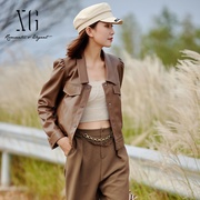 雪歌机车风时尚短款棕色pu皮衣，外套2023春季高级感夹克上衣女
