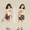 2024夏款儿童亮粉短版T恤+格子裙裤韩系中大童女童时髦女团风套装