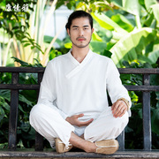 男装 亚麻棉麻长袖t恤上衣中国风朝休闲宽松两件白色瑜伽套装