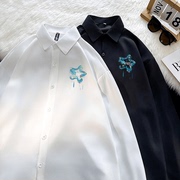 白色衬衫男夏季薄款vintage休闲长袖印花衬衣潮流痞帅设计感外套