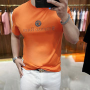 双面丝光棉t恤男士短袖修身时尚，潮流橘色丝滑欧洲站打底衫薄抗皱