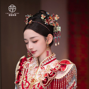 新娘头饰中式红色古风发簪造液花花朵结婚水晶流苏秀禾服发饰套装