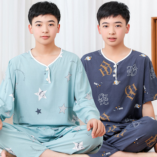 青少年棉绸睡衣男童夏季薄款长袖，初中生家居服学生，大童人造棉套装