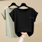 黑色短袖t恤女夏季2023宽松显瘦圆领简约纯棉冰丝蝙蝠袖上衣