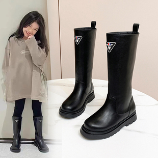 韩版女童西部牛仔高筒靴秋季儿童骑士靴大童黑色女孩长筒皮靴