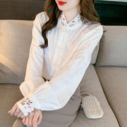 新中式刺绣立领衬衫女款2024春季国风长袖衬衣设计感百搭上衣