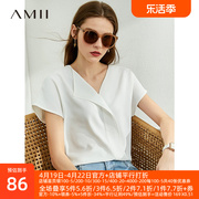 Amii气质不对称V领短袖雪纺衫2024年夏季时尚宽松上衣女衬衣