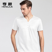 2021中国风亚麻短袖t恤男士v领纯色苎麻休闲体恤复古中年男装夏季